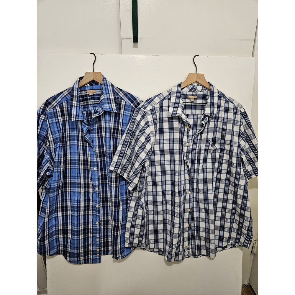George Mens 2XL Plaid Button Down Shirt Lot 2 Blue Shore White Navy Short Sleeve